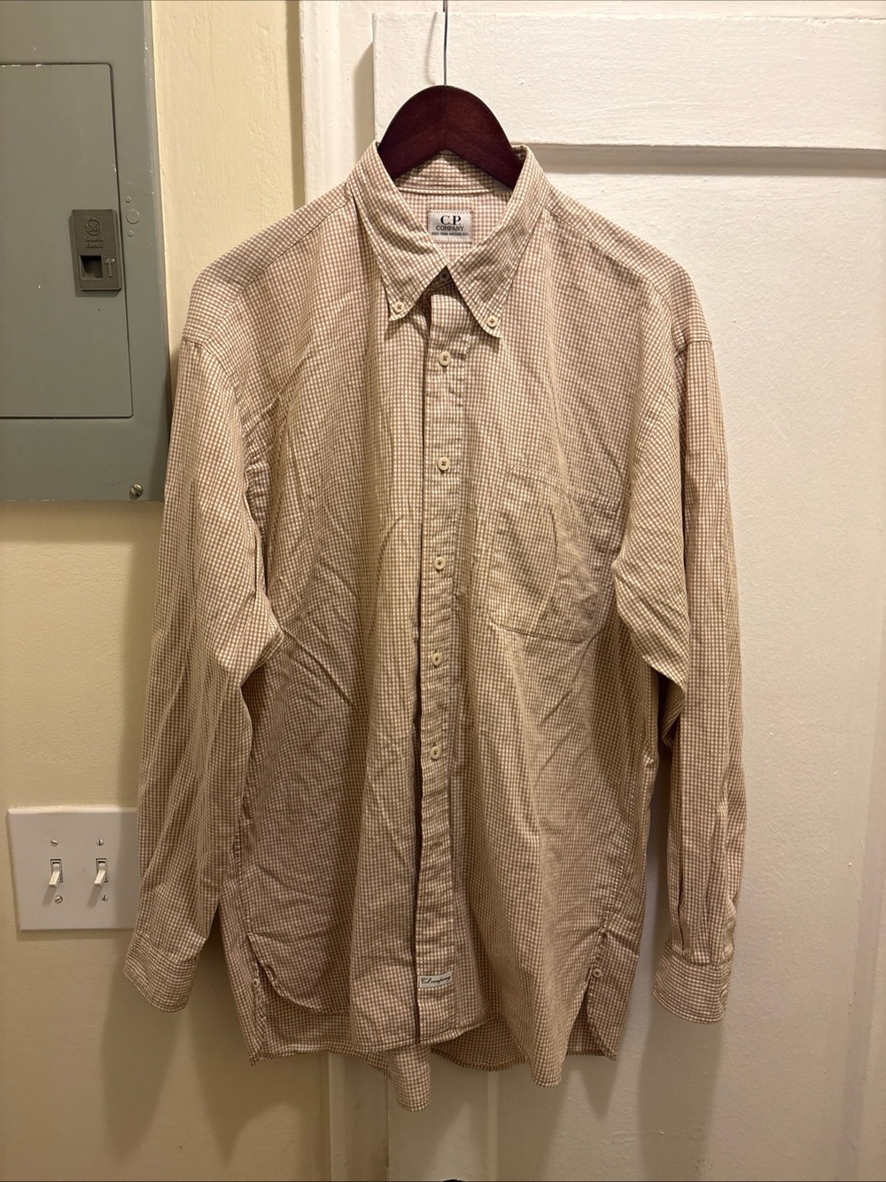 Men’s vintage C.P. Company Tan & White Micro-Check Button Shirt size 2